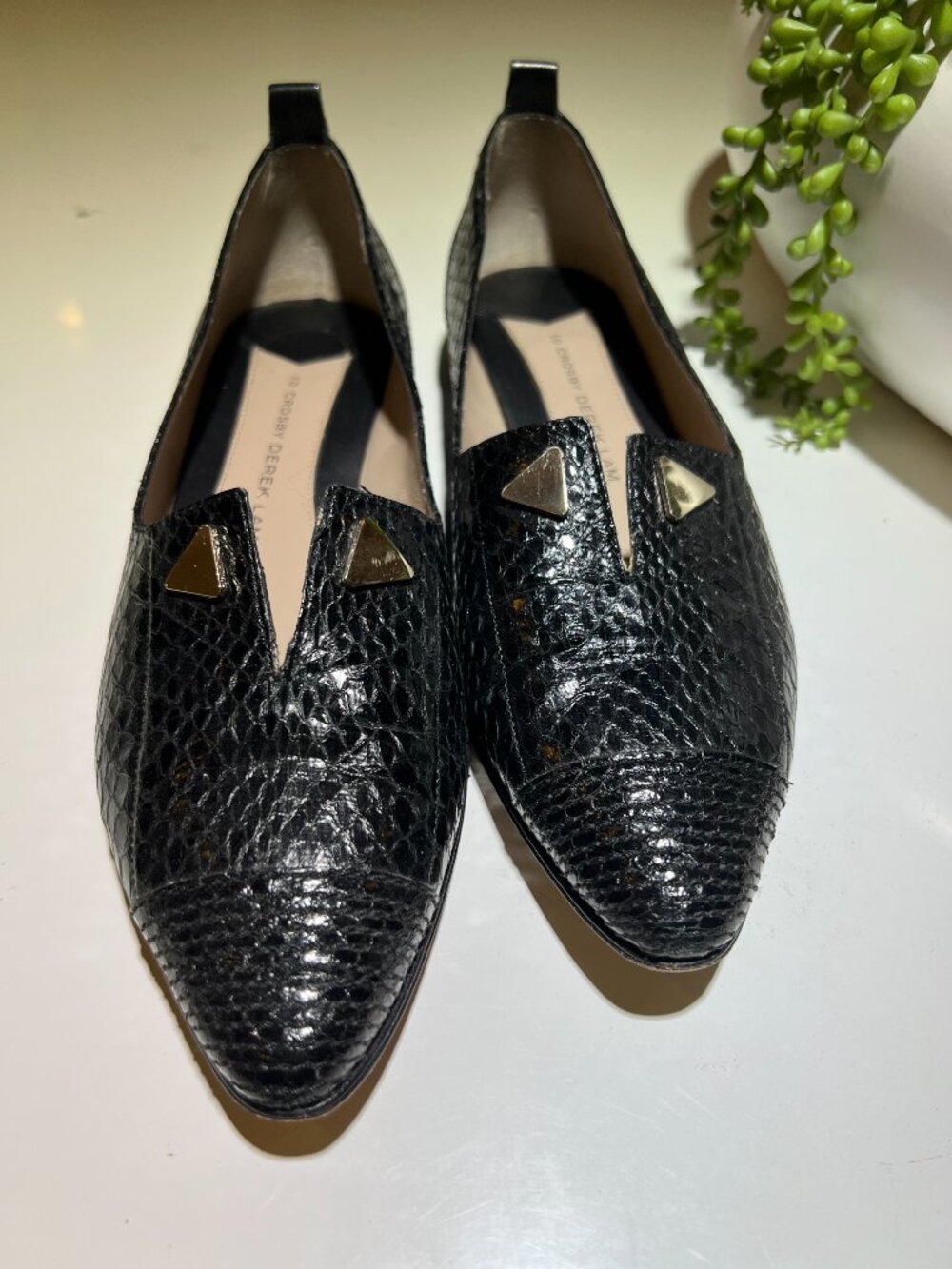 10 Crosby Derek Lam Embossed Leather Loafers Pointed Toe with Gold Detail Sz 6.5